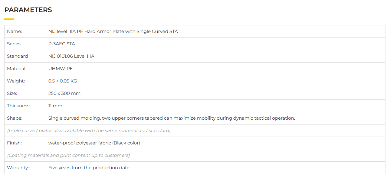 NIJ Level IIIA PE Hard Armor Plate With Single Curved STA-7.png