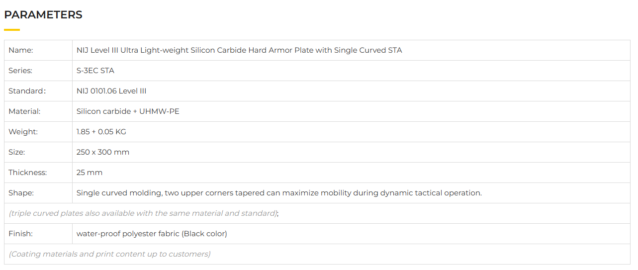 NIJ Level III Ultra Light-Weight Silicon Carbide Hard Armor Plate With Single Curved STA-7.png