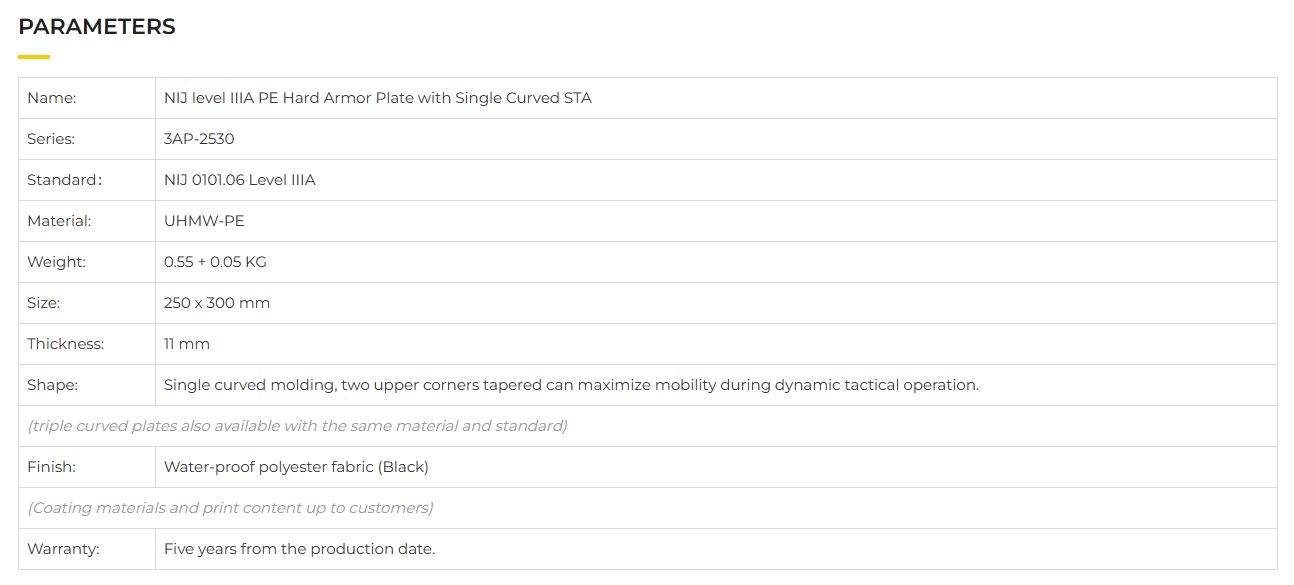 NIJ Level IIIA PE Hard Armor Plate With Multi Curved STA-7.png